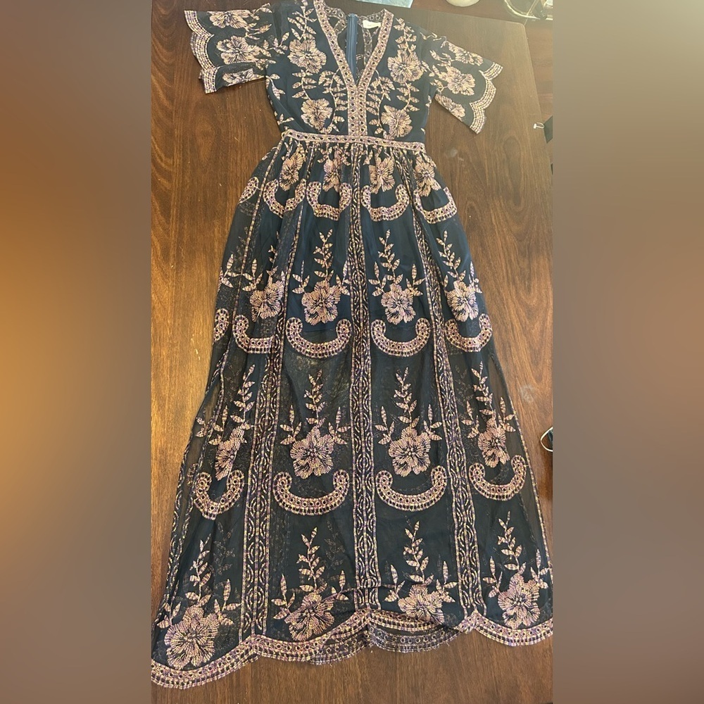 Altar'd State Elegant Navy and Pink Embroidered Maxi Dress - Picture 7 of 11